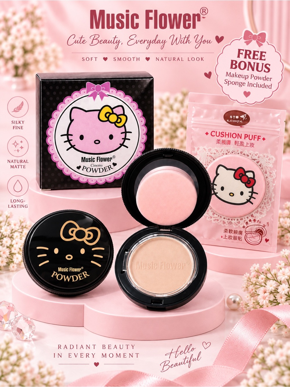 Music Flower x Hello Kitty Matte Powder Compact Choose A or B + Free Puff.NWT